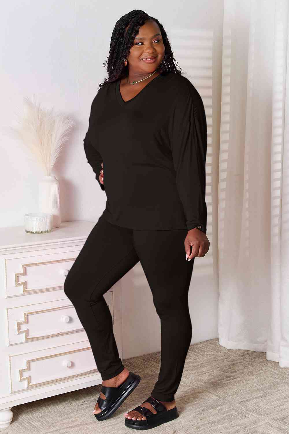 Basic Bae Full Size V-Neck Soft Rayon Long Sleeve Top and Pants Lounge Set-Trendsi-SatinBoutique