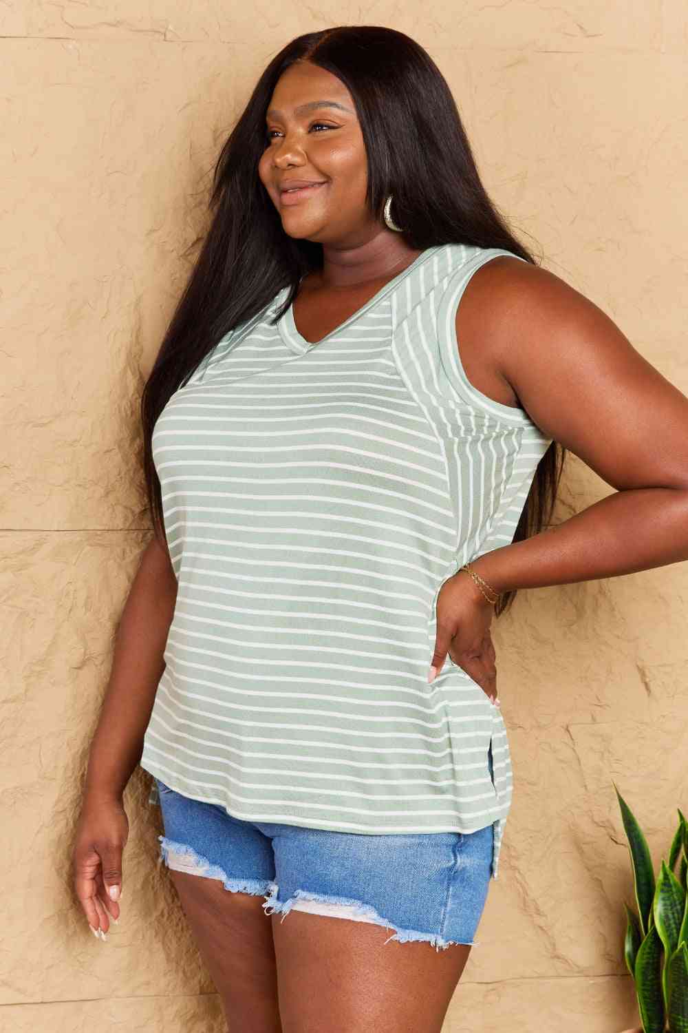 Doublju Full Size Striped Sleeveless V-Neck Top, Also Plus sizes-Trendsi-SatinBoutique