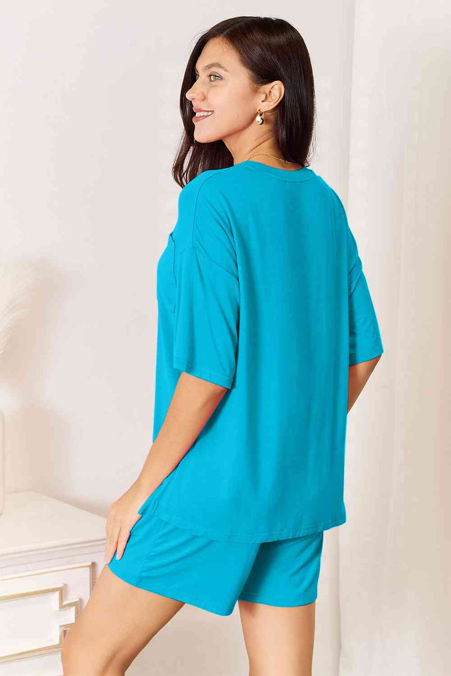 Basic Bae Full Size Soft Rayon Half Sleeve Top at Shorts Set-Trendsi-Sky Blue-S-SatinBoutique
