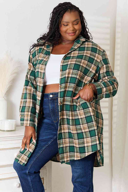 Double Take Plaid Collared Neck Long Sleeve Shirt-Trendsi-SatinBoutique