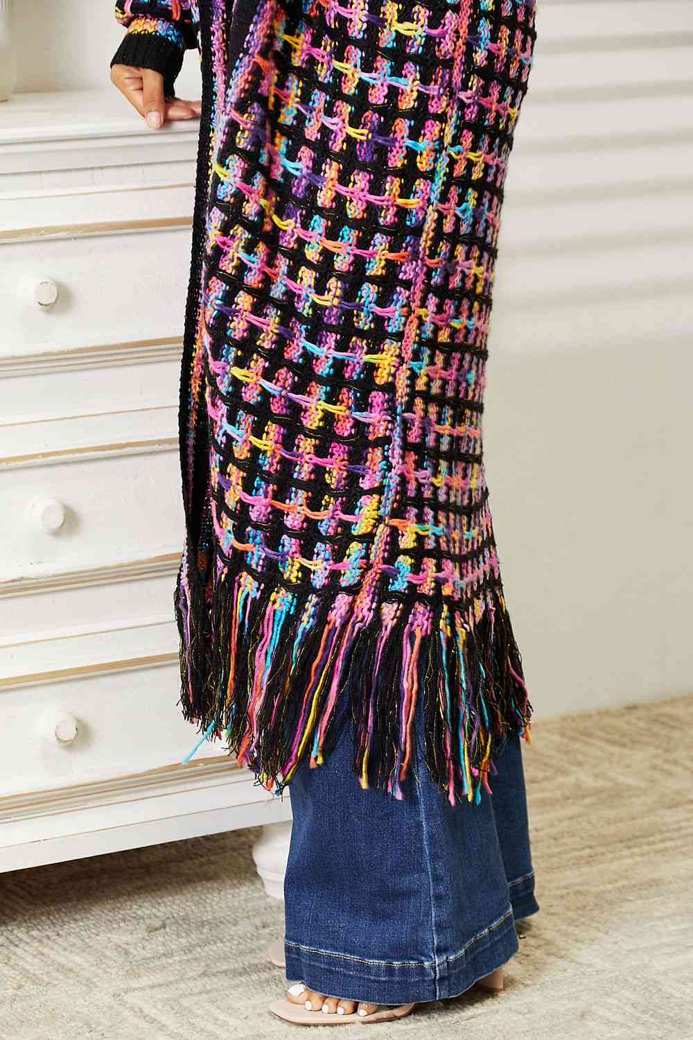 Double Take Full Size Multicolored Open Front Fringe Hem Cardigan. Also Plus sizes-Trendsi-SatinBoutique