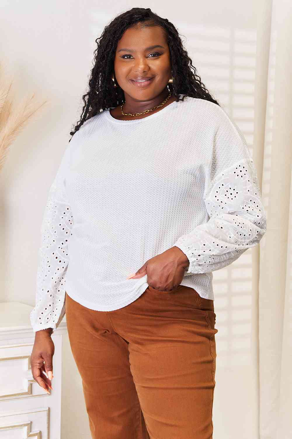 Double Take Eyelet Dropped Shoulder Round Neck Blouse, Also Plus sizes-Trendsi-SatinBoutique