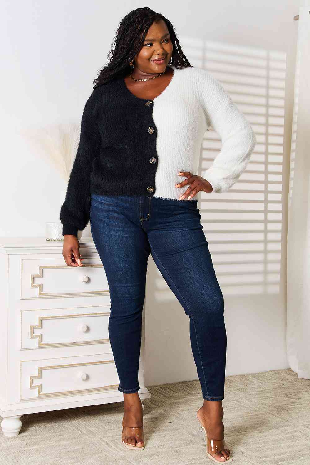 Woven Right Contrast Button-Front V-Neck Cardigan, Also in Plus sizes-Trendsi-SatinBoutique