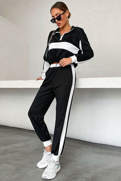 Striped Half Zip Cropped Sweatshirt and Joggers Set Trendsi