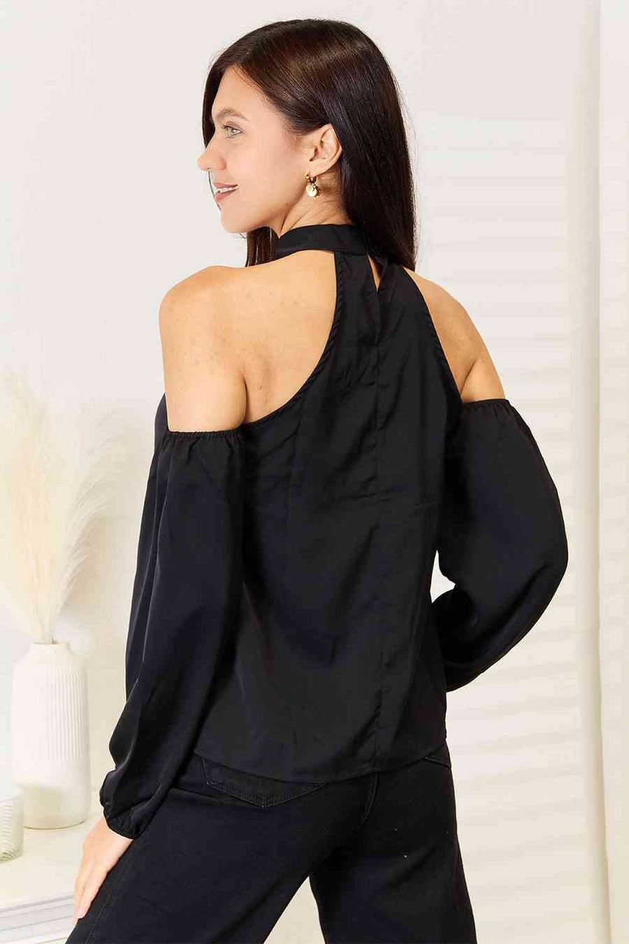 Double Take Grecian Cold Shoulder Long Sleeve Blouse-Trendsi-Black-S-SatinBoutique