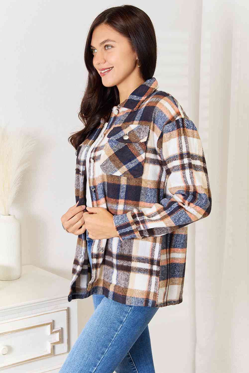 Double Take Plaid Button Front Shirt Jacket with Breast Pockets, Also in Plus sizes-Trendsi-SatinBoutique