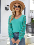 Lace Sleeve Ribbed Trim V-Neck Sweater Trendsi