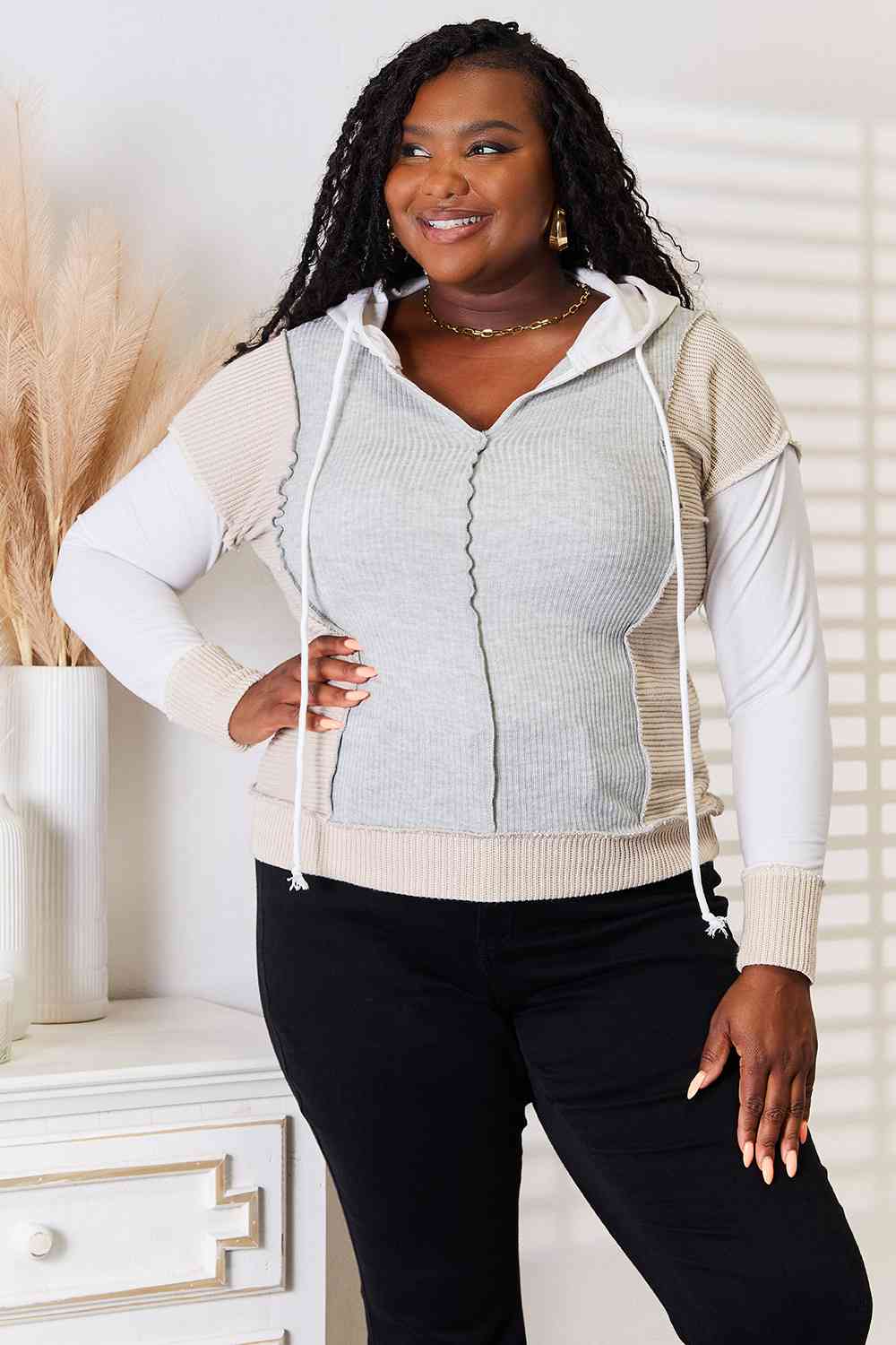 Double Take Color Block Exposed Seam Drawstring Hoodie, Also in Plus sizes-Trendsi-SatinBoutique