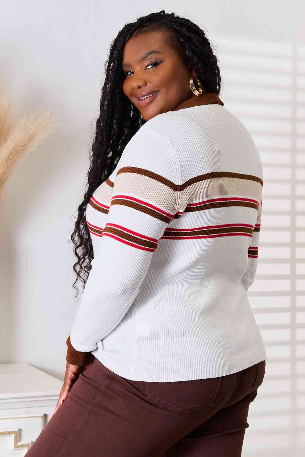 Basic Bae Striped Collared Neck Rib-Knit Top-Trendsi-SatinBoutique