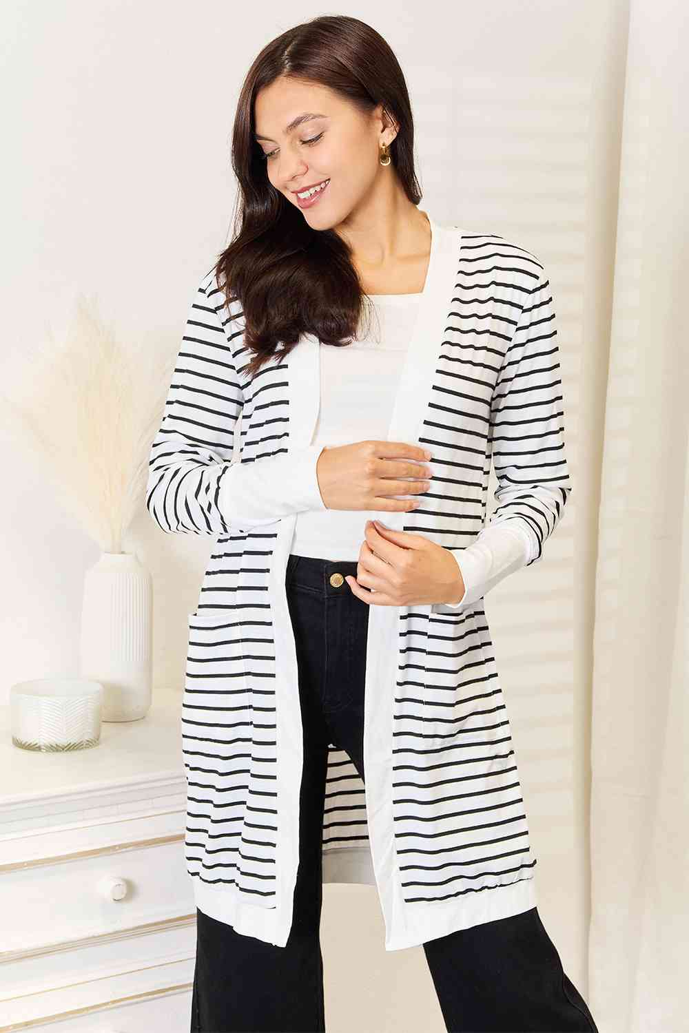 Double Take Striped Open Front Longline Cardigan-Trendsi-SatinBoutique