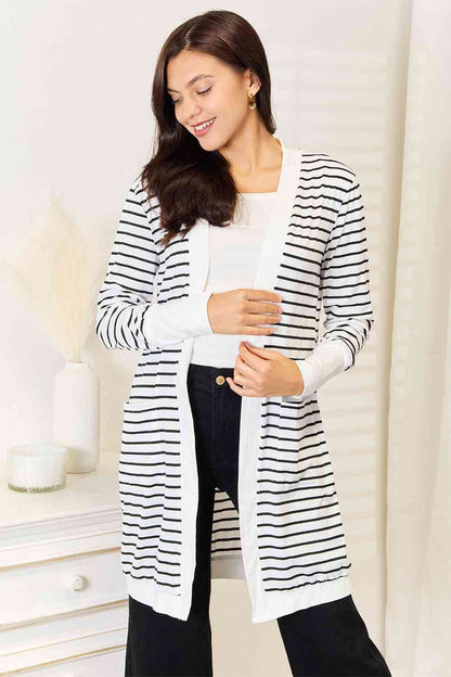 Double Take Striped Open Front Longline Cardigan-Trendsi-SatinBoutique