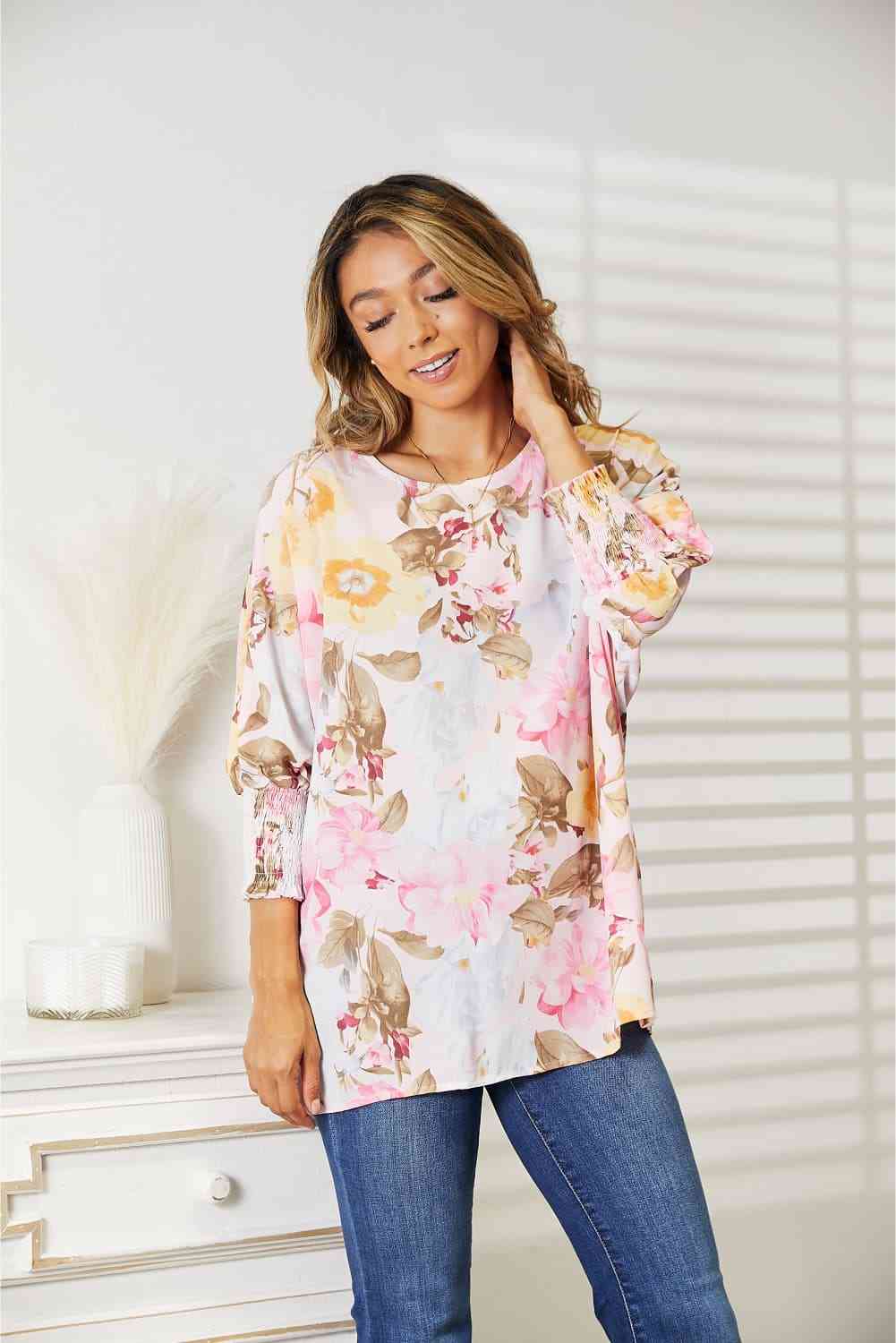 Double Take Floral Round Neck Three-Quarter Sleeve Top-Trendsi-SatinBoutique