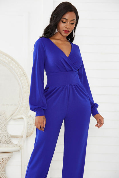 Gathered Detail Surplice Lantern Sleeve Jumpsuit Trendsi