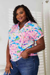 Double Take Floral Notched Neck Short Sleeve Top, Also Plus sizes-Trendsi-SatinBoutique