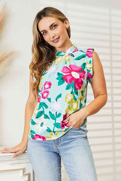 Double Take Floral Print Ruffle Shoulder Blouse-Trendsi-Gum Leaf-S-SatinBoutique