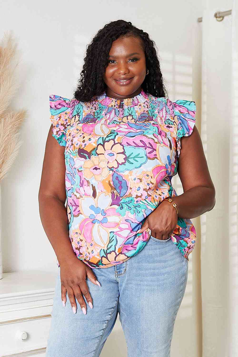 Double Take Floral Smocked Flutter Sleeve Top-Trendsi-Floral-S-SatinBoutique