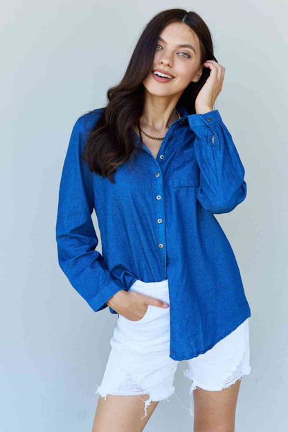 Doublju Blue Jean Baby Denim Button Down Shirt Top in Dark Blue-Trendsi-Dark Blue-S-SatinBoutique