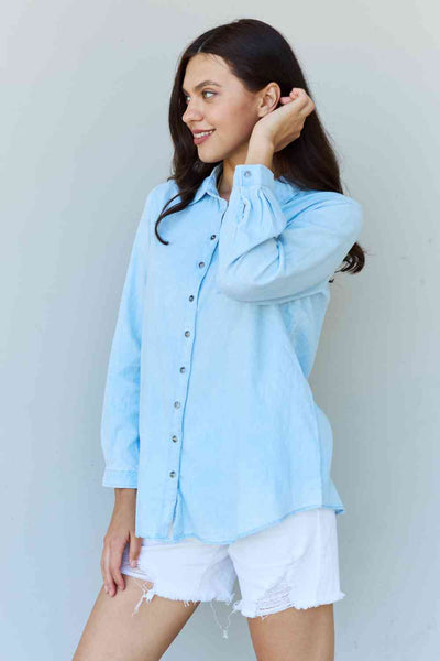 Doublju Blue Jean Baby Denim Button Down Shirt Top in Light Blue-Trendsi-SatinBoutique