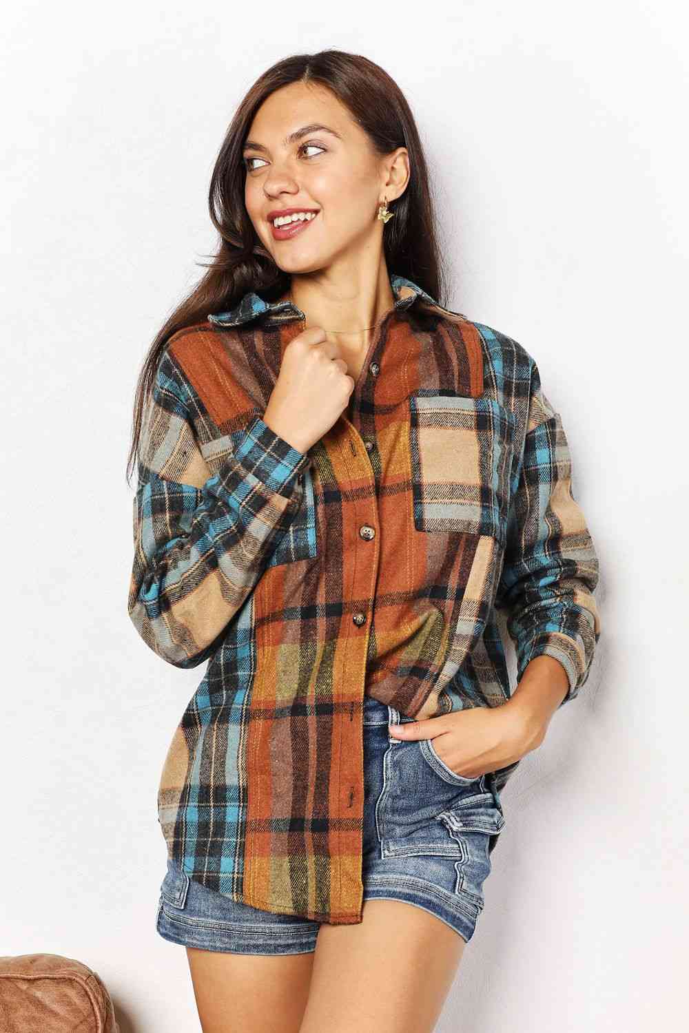 Double Take Plaid Curved Hem Shirt Jacket with Breast Pockets-Trendsi-Plaid-S-SatinBoutique