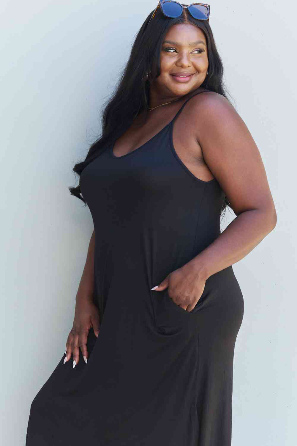 Ninexis Good Energy Full Size Cami Side Slit Maxi Dress in Black, Also in Plus sizes-Trendsi-SatinBoutique