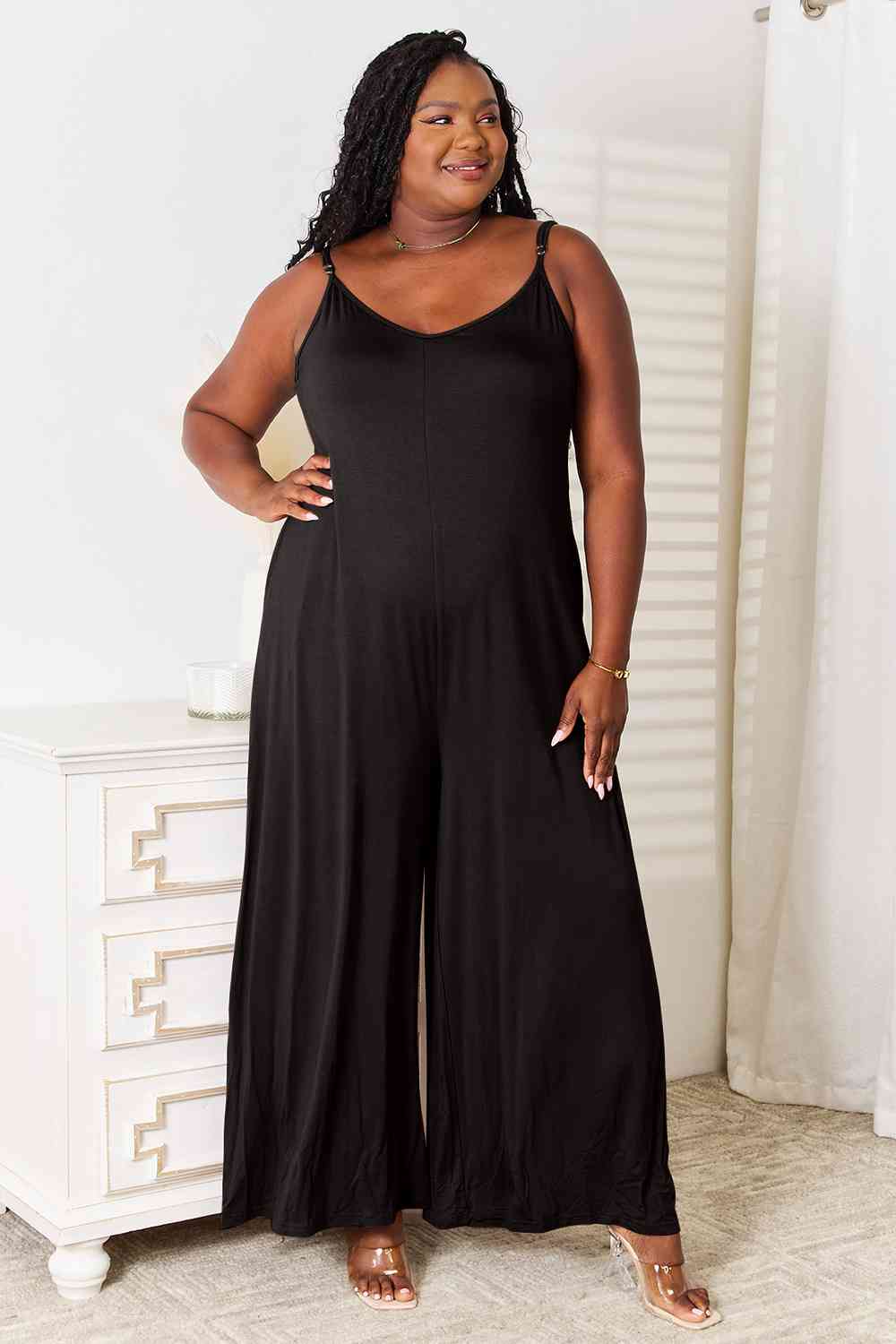 Double Take Full Size Soft Rayon Spaghetti Strap Tied Wide Leg Jumpsuit, Also Plus Sizes-Trendsi-Black-2XL-SatinBoutique