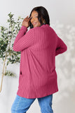 Basic Bae viso dydžio briaunotas atviras priekinis megztinis su kišenėmis
