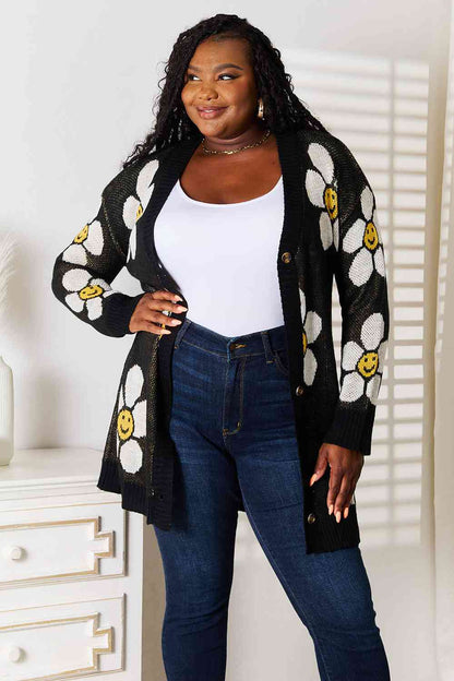 Double Take Floral Button Down Longline Cardigan-Trendsi-SatinBoutique