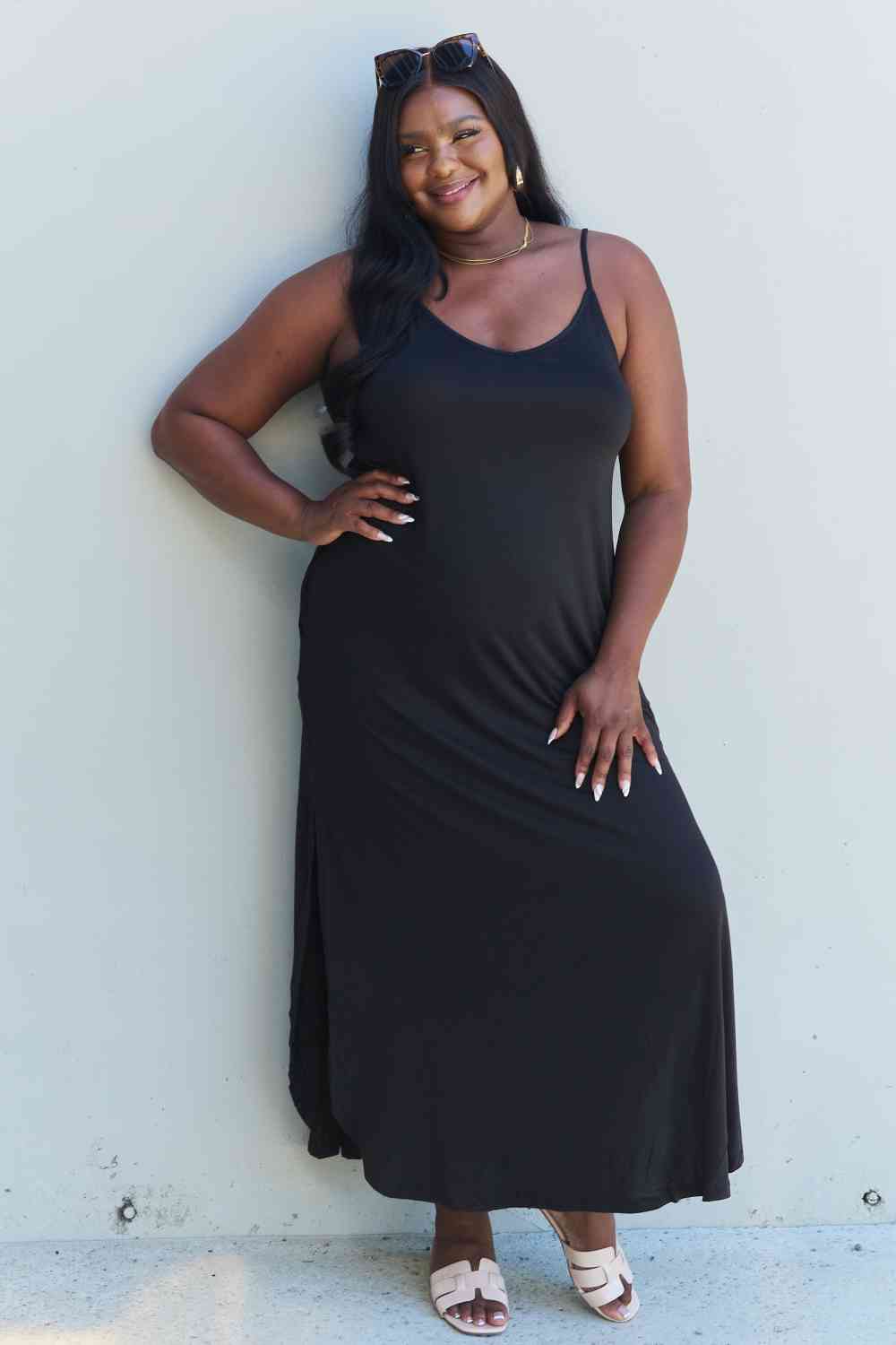 Ninexis Good Energy Full Size Cami Side Slit Maxi Dress in Black, Also in Plus sizes-Trendsi-Black-1XL-SatinBoutique