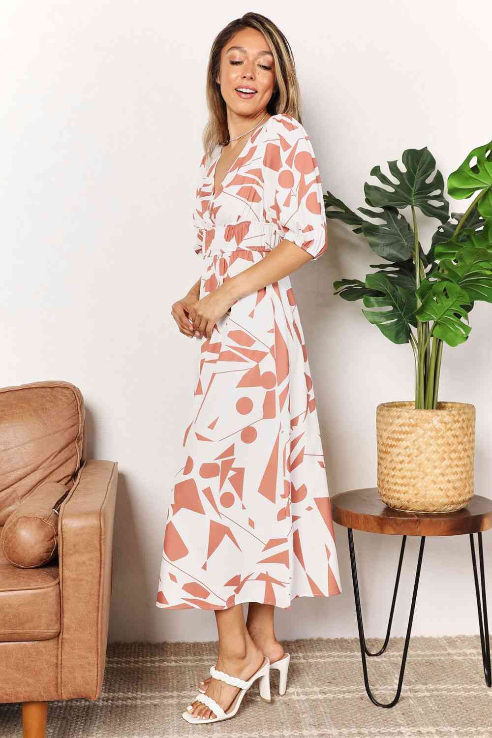 Double Take Printed Surplice Balloon Sleeve Dress-Trendsi-Camel-S-SatinBoutique