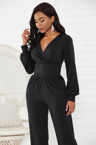 Gathered Detail Surplice Lantern Sleeve Jumpsuit Trendsi