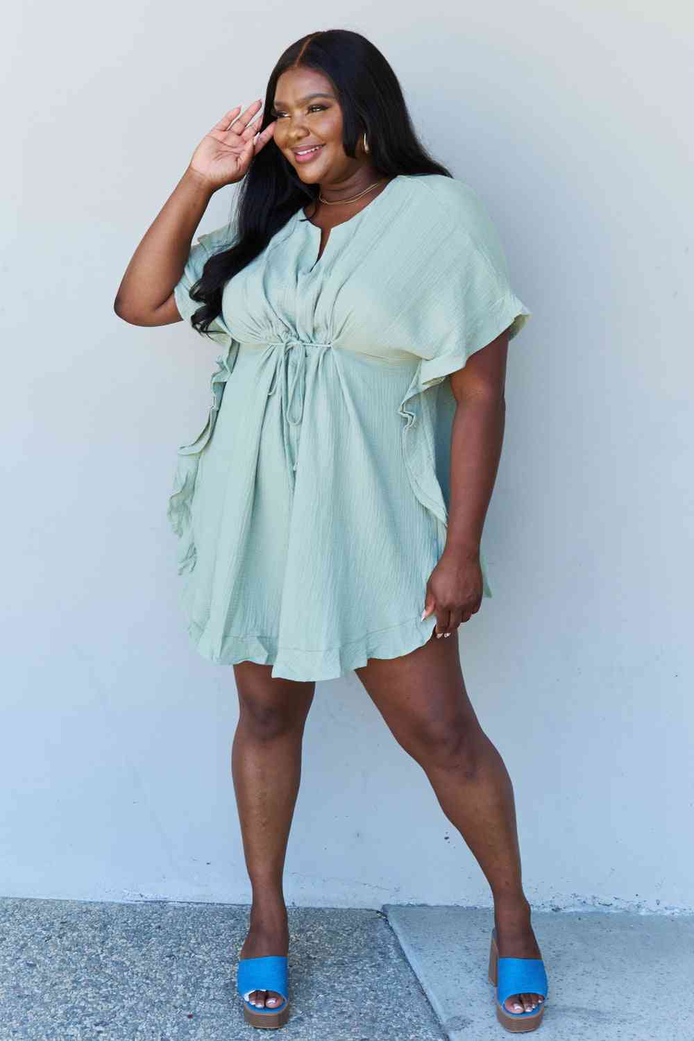 Ninexis Out Of Time Full Size Ruffle Hem Dress with Drawstring Waistband in Light Sage-Trendsi-SatinBoutique