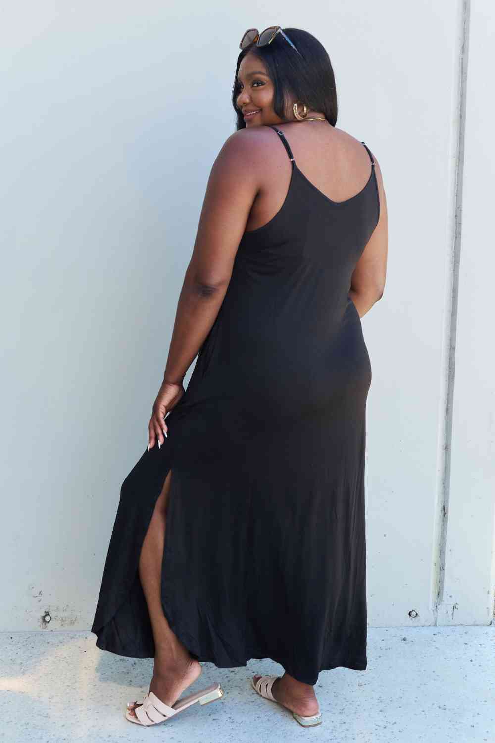 Ninexis Good Energy Full Size Cami Side Slit Maxi Dress in Black, Also in Plus sizes-Trendsi-SatinBoutique