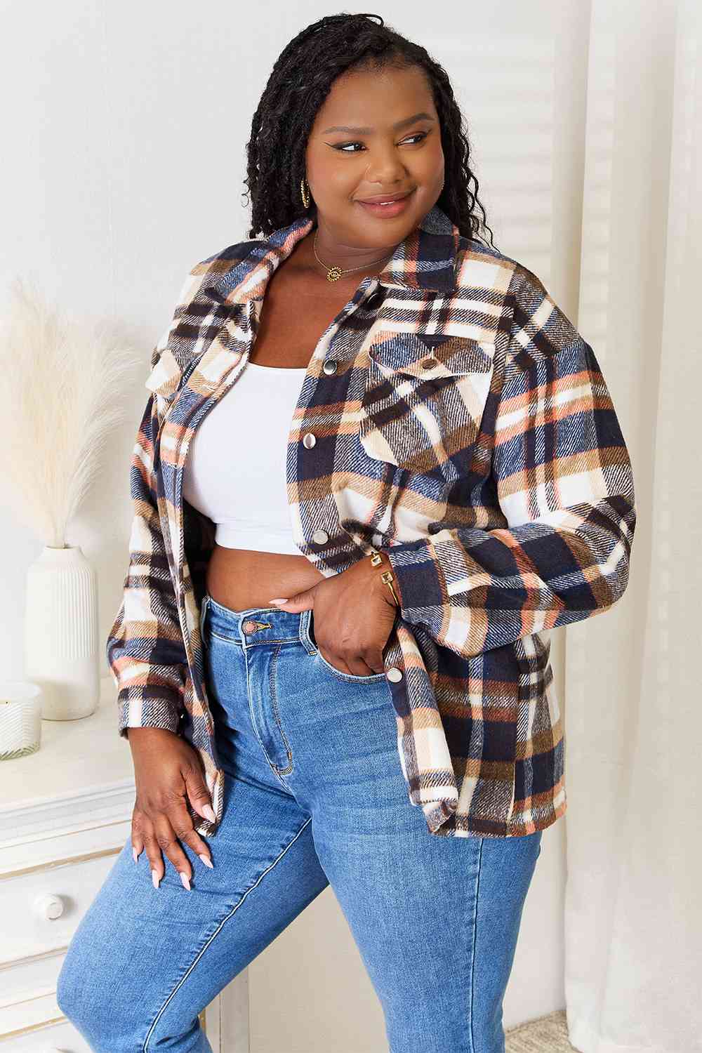 Double Take Plaid Button Front Shirt Jacket with Breast Pockets, Also in Plus sizes-Trendsi-SatinBoutique