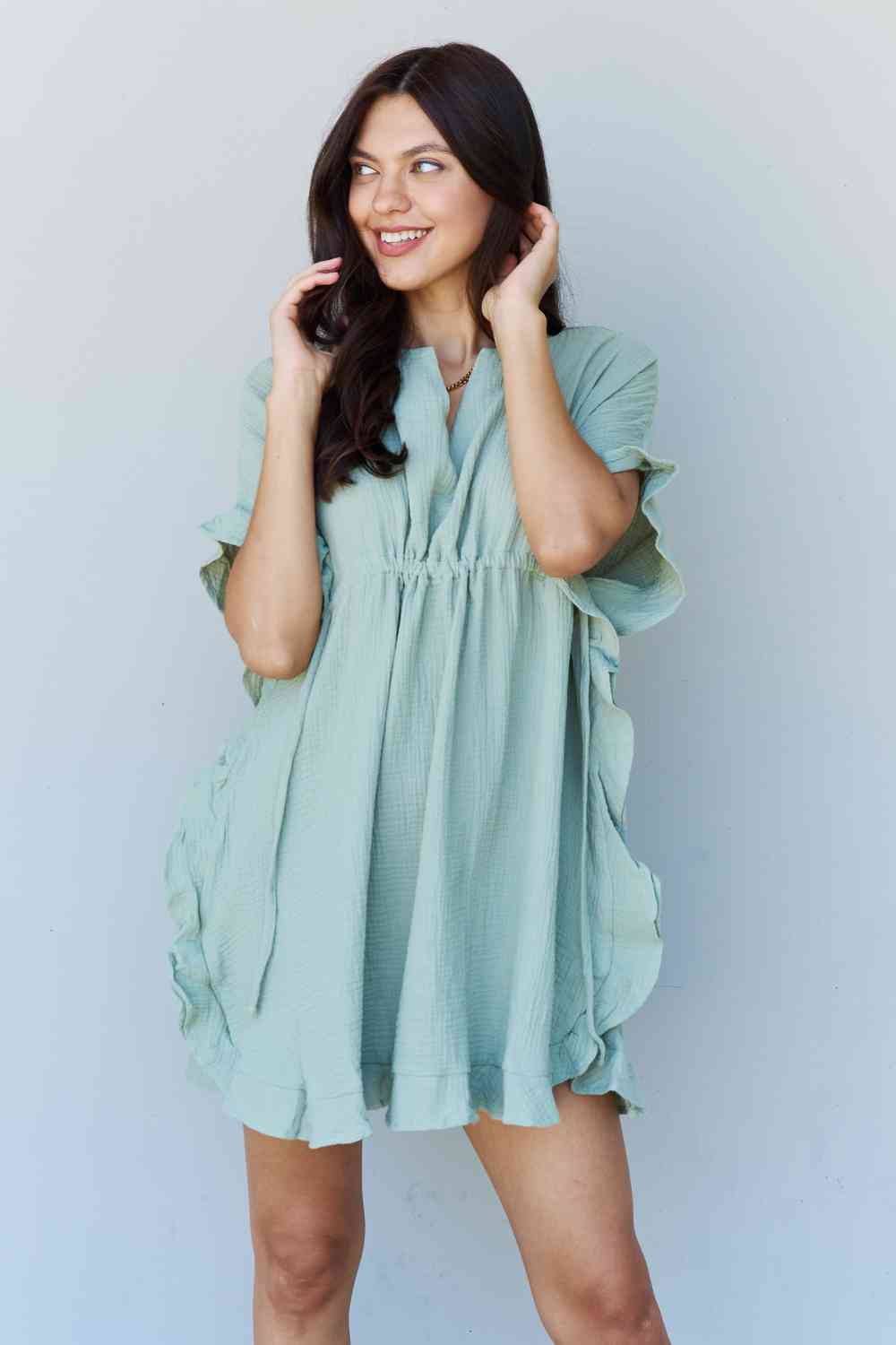 Ninexis Out Of Time Full Size Ruffle Hem Dress with Drawstring Waistband in Light Sage-Trendsi-SatinBoutique