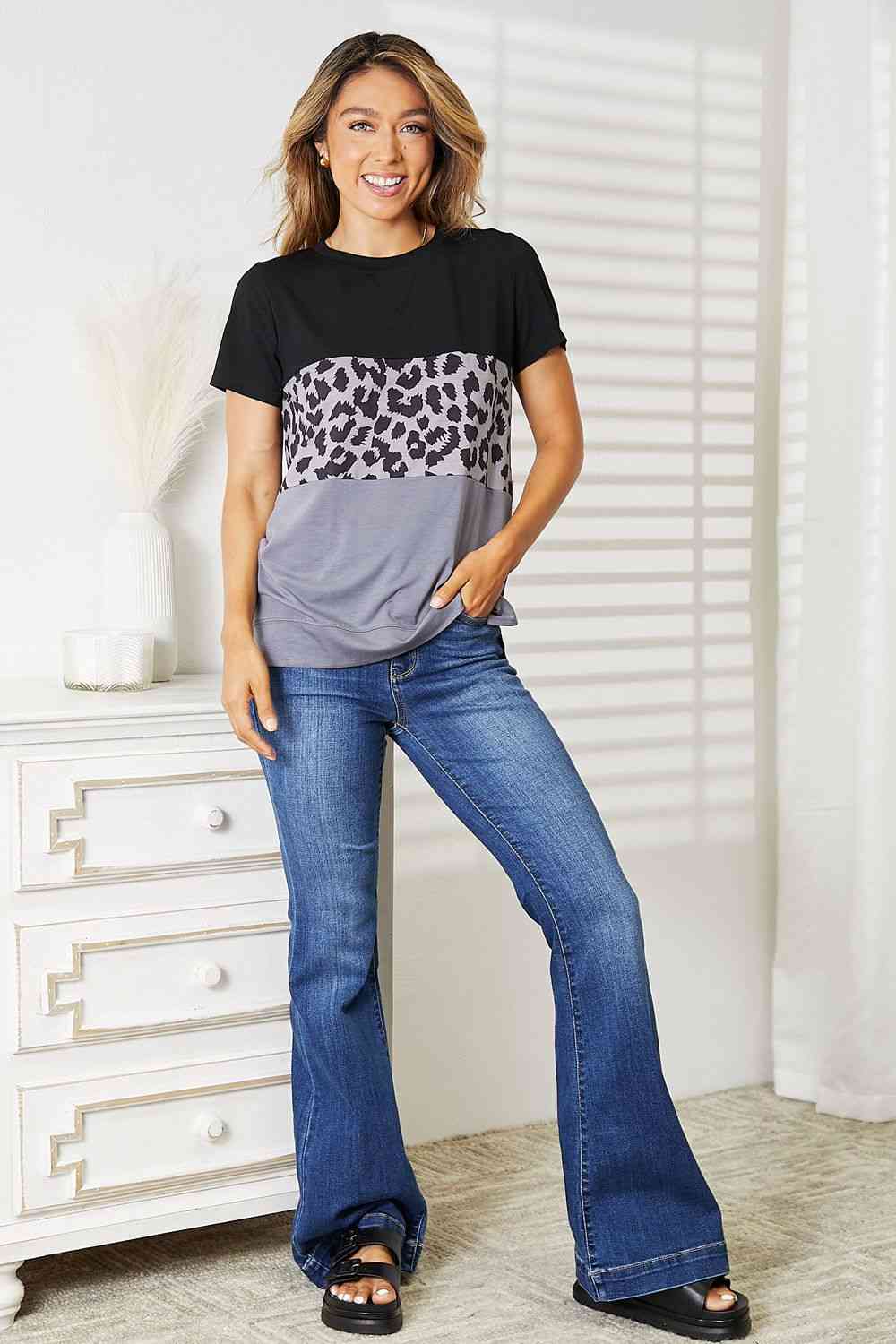 Double Take Leopard Print Color Block Short Sleeve T-Shirt, Also Plus sizes-Trendsi-SatinBoutique