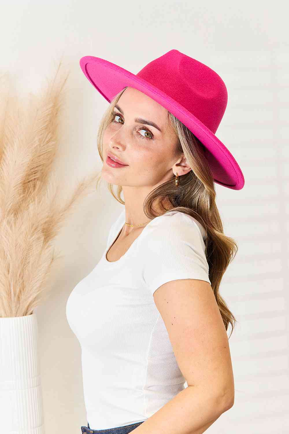 Fame Flat Brim Fedora Fashion Hat-Trendsi-Hot Pink-One Size-SatinBoutique