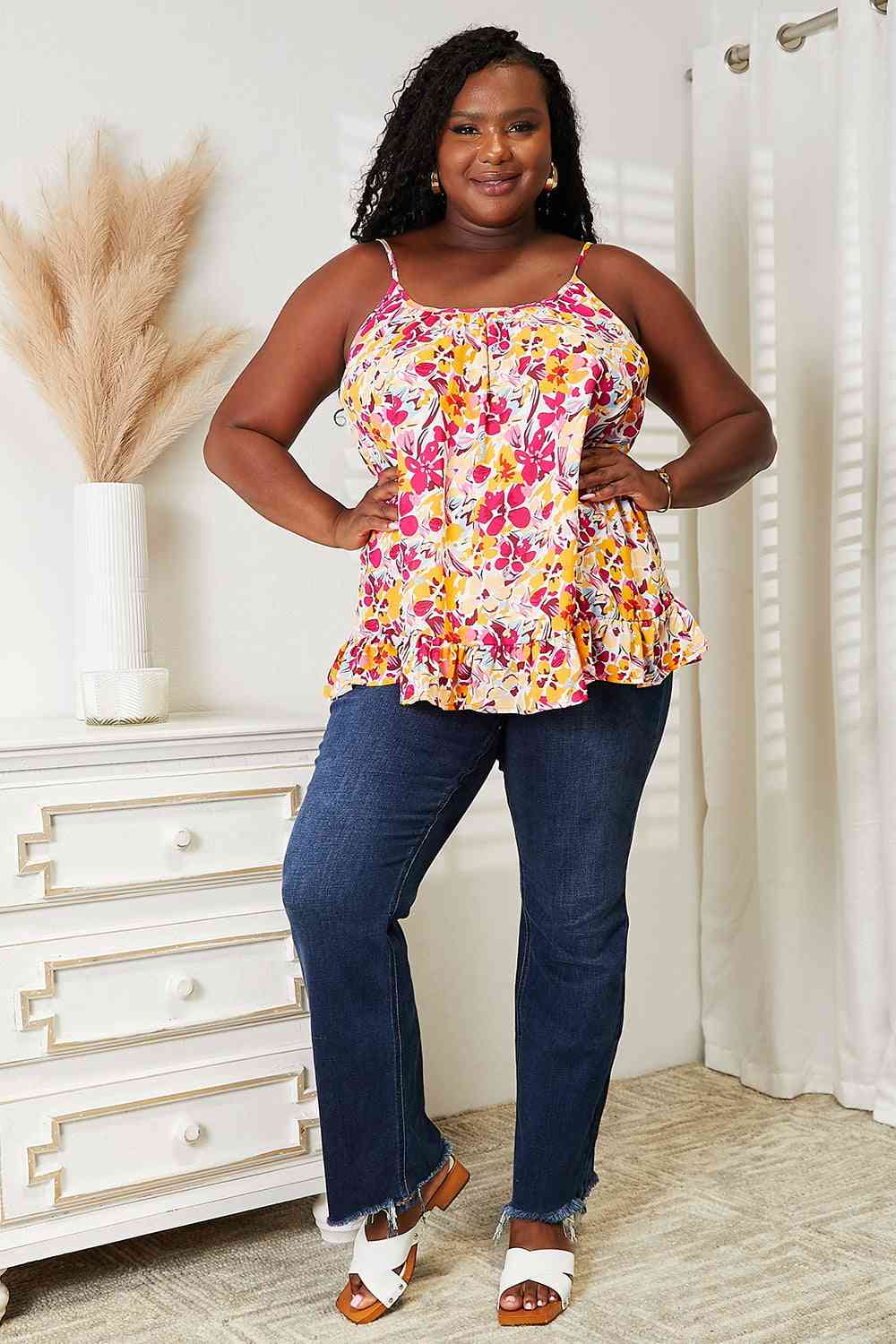 Double Take Floral Scoop Neck Ruffle Hem Cami, Also in Plus sizes-Trendsi-SatinBoutique