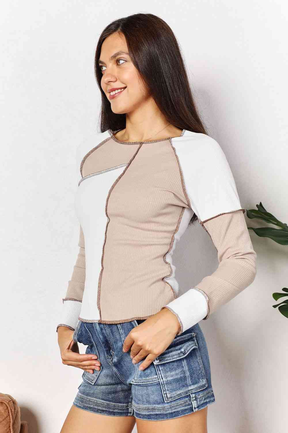 Double Take Color Block Exposed Seam Top-Trendsi-SatinBoutique