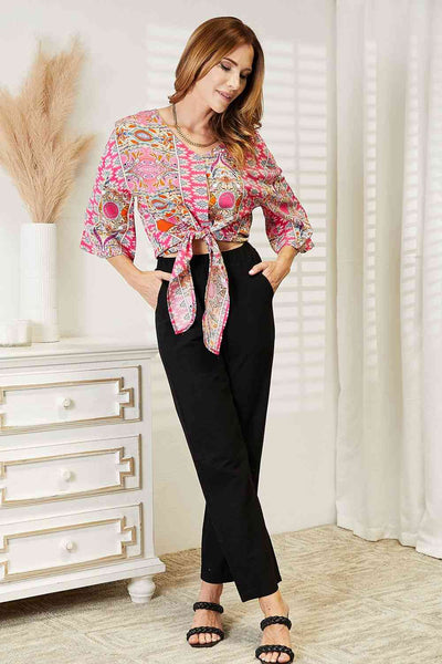 Double Take Tie Hem V-Neck Three-Quarter Sleeve Blouse-Trendsi-SatinBoutique