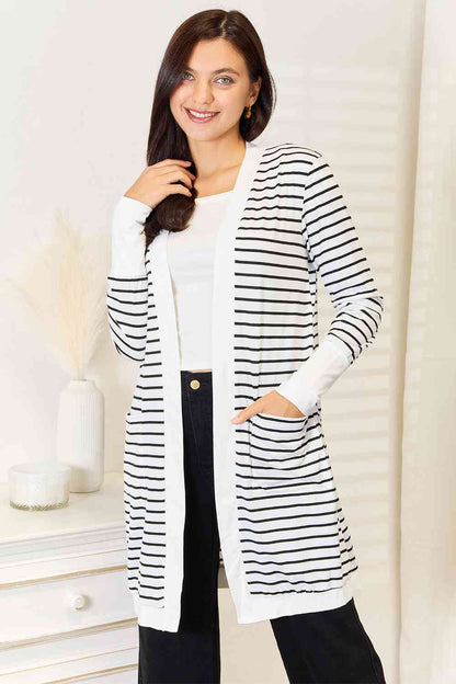 Double Take Striped Open Front Longline Cardigan-Trendsi-White-S-SatinBoutique