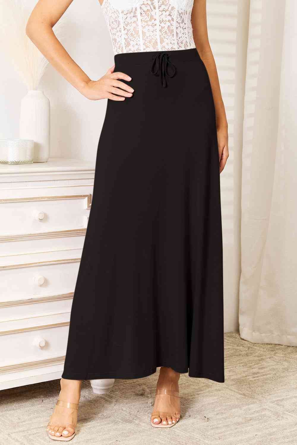 Double Take Full Size Soft Rayon Drawstring Waist Maxi Skirt Rayon-Trendsi-Black-S-SatinBoutique