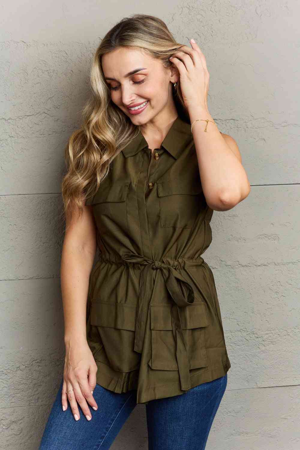 Ninexis Follow The Light Sleeveless Collared Button Down Top-Trendsi-SatinBoutique