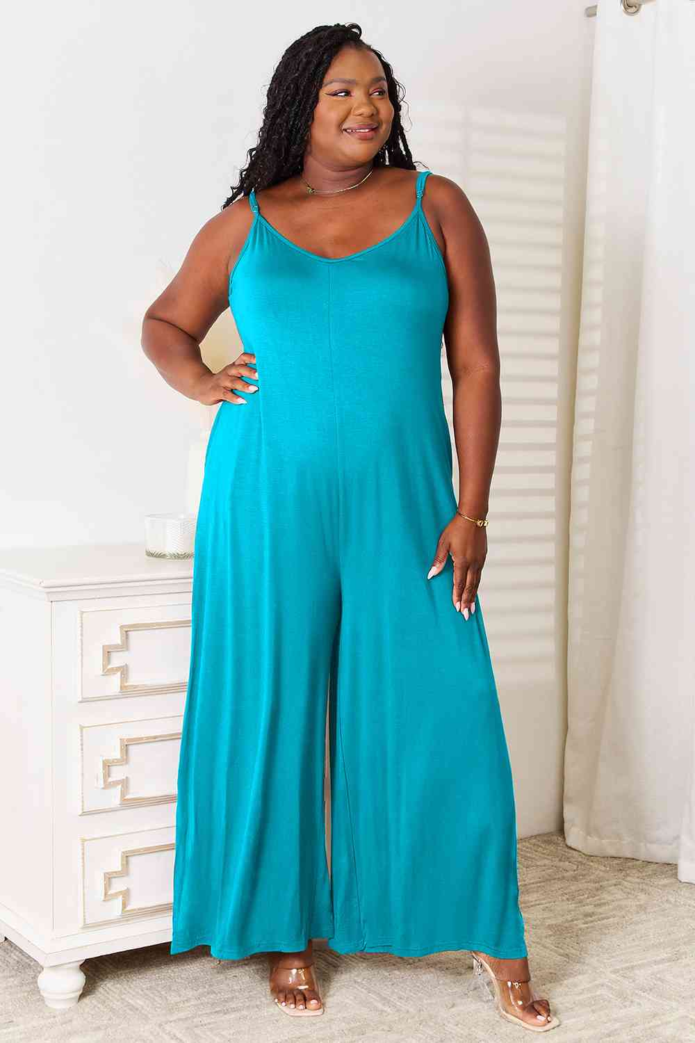 Double Take Full Size Soft Rayon Spaghetti Strap Tied Wide Leg Jumpsuit, Also Plus Sizes-Trendsi-Sky Blue-2XL-SatinBoutique