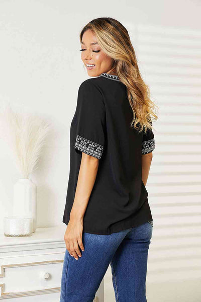 Double Take Embroidered Notched Neck Top-Trendsi-SatinBoutique