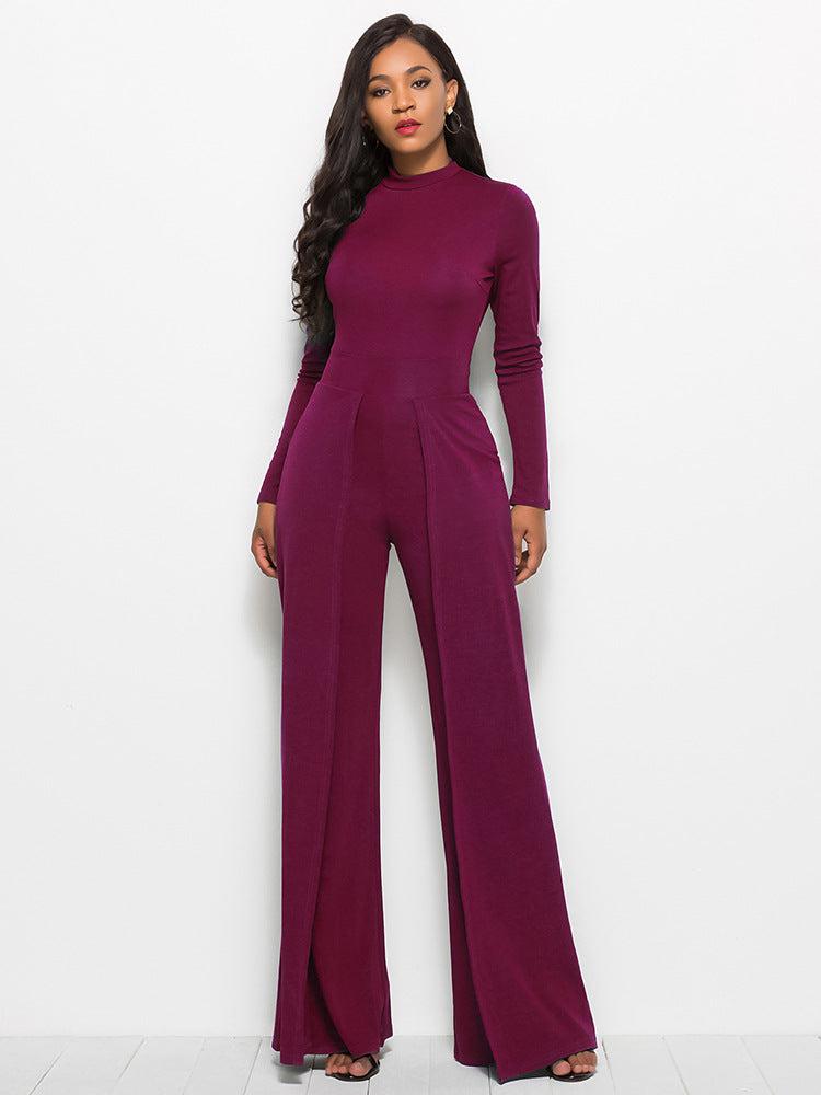 Long Sleeve Mock Neck Wide Leg Jumpsuit Trendsi