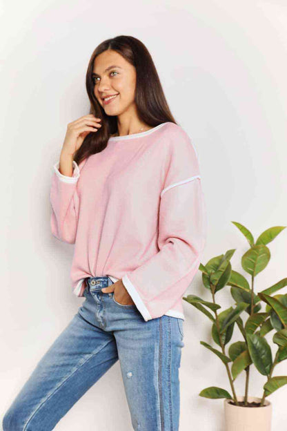 Double Take Contrast Detail Dropped Shoulder Knit Top-Trendsi-SatinBoutique