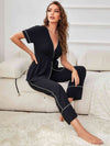 Contrast Piping Belted Top and Pants Pajama Set of minimalist and modest style.