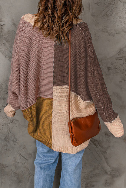 Color Block Cable-Knit Batwing Sleeve Cardigan Trendsi