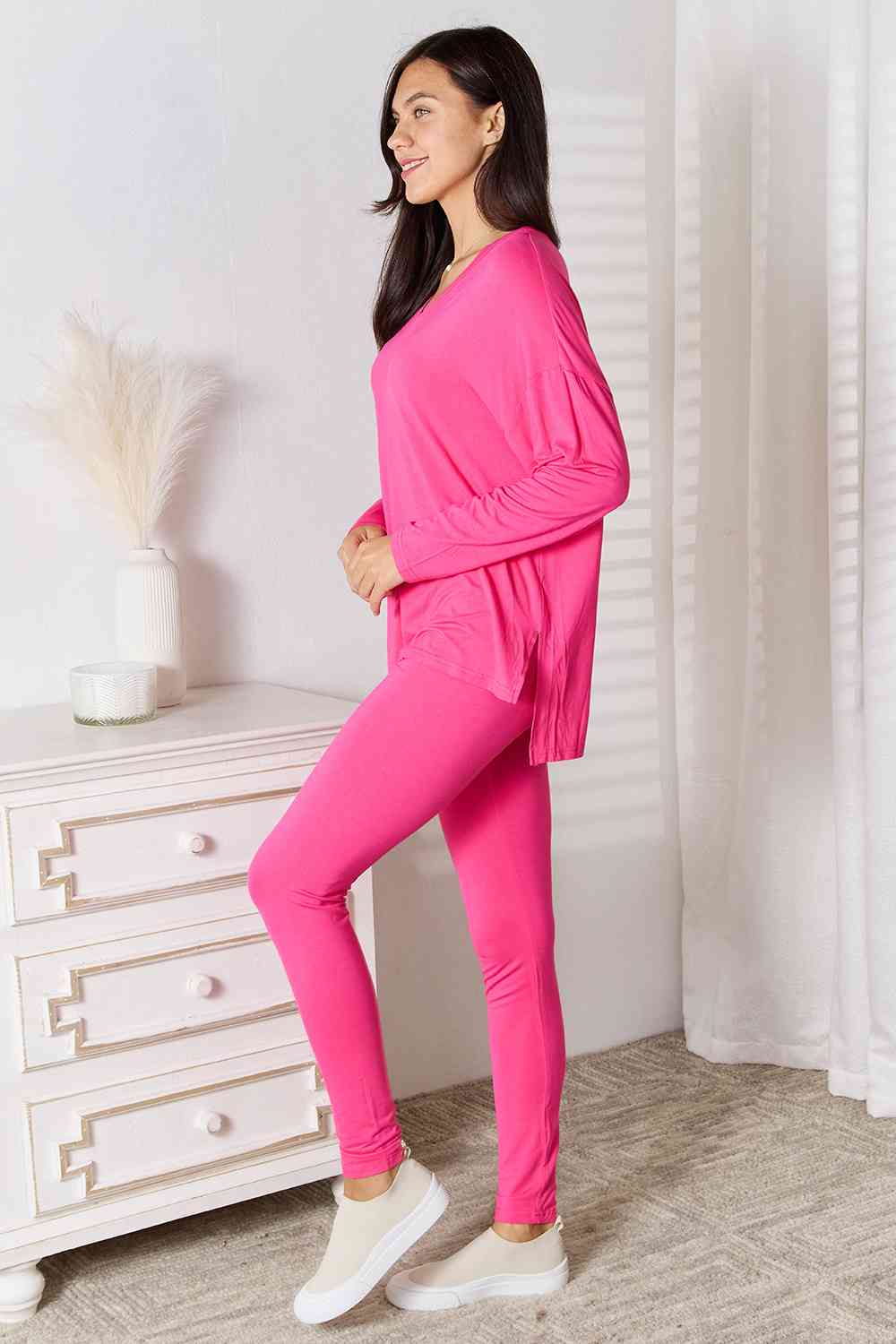 Basic Bae Full Size V-Neck Soft Rayon Long Sleeve Top and Pants Lounge Set-Trendsi-SatinBoutique