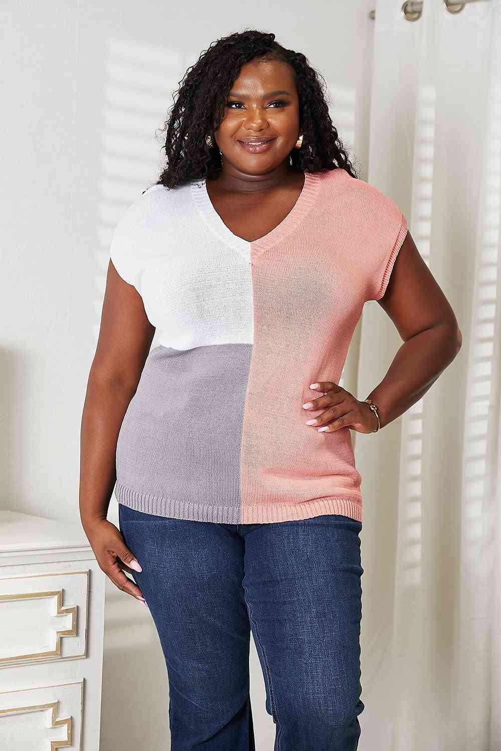 Double Take Color Block V-Neck Knit Top-Trendsi-SatinBoutique